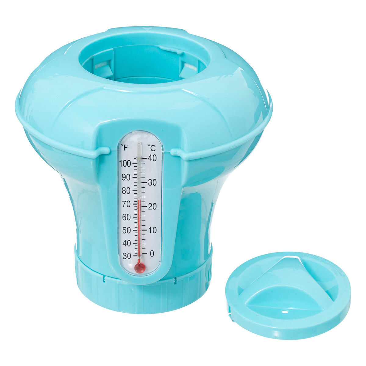 Distribuidor de cloro flutuante com term&oacute;metro