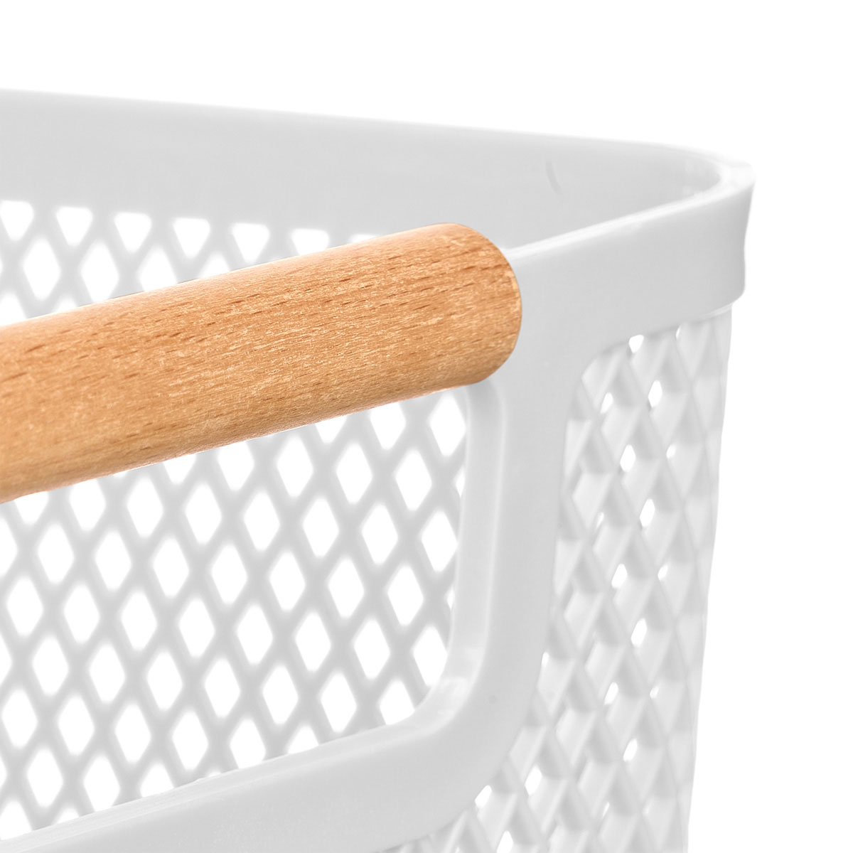 Cesto branco com pega em bambu 36x22cm