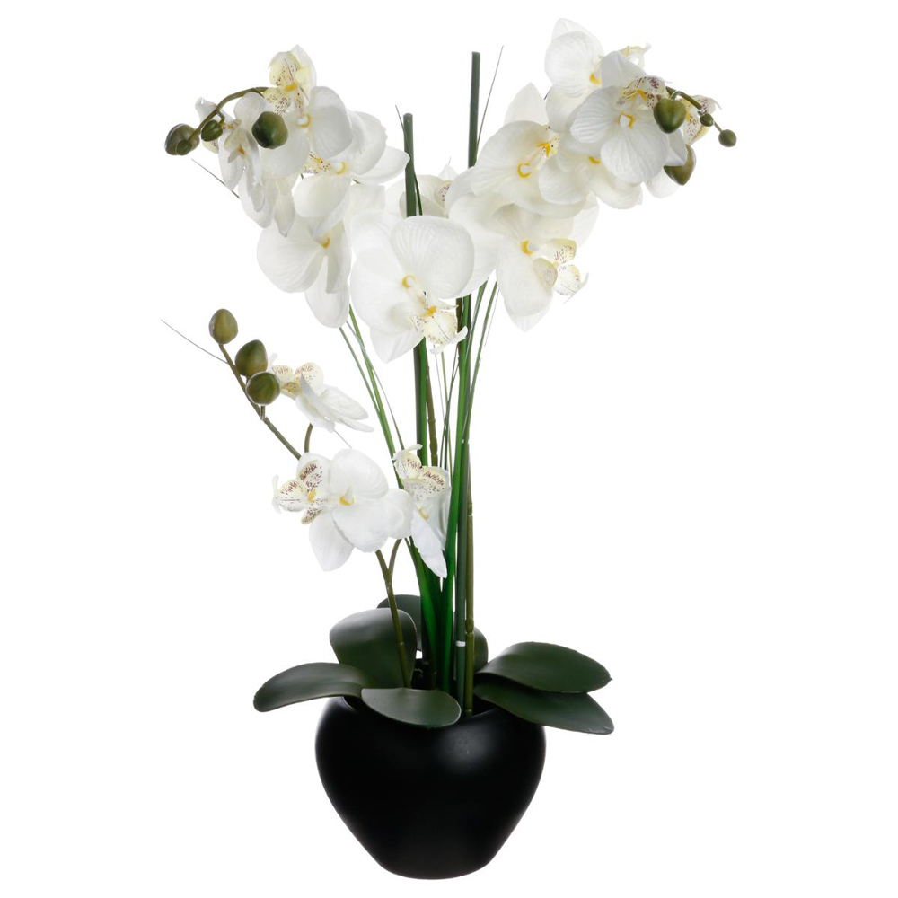 Vaso em cerâmica preto com orquidea artificial
