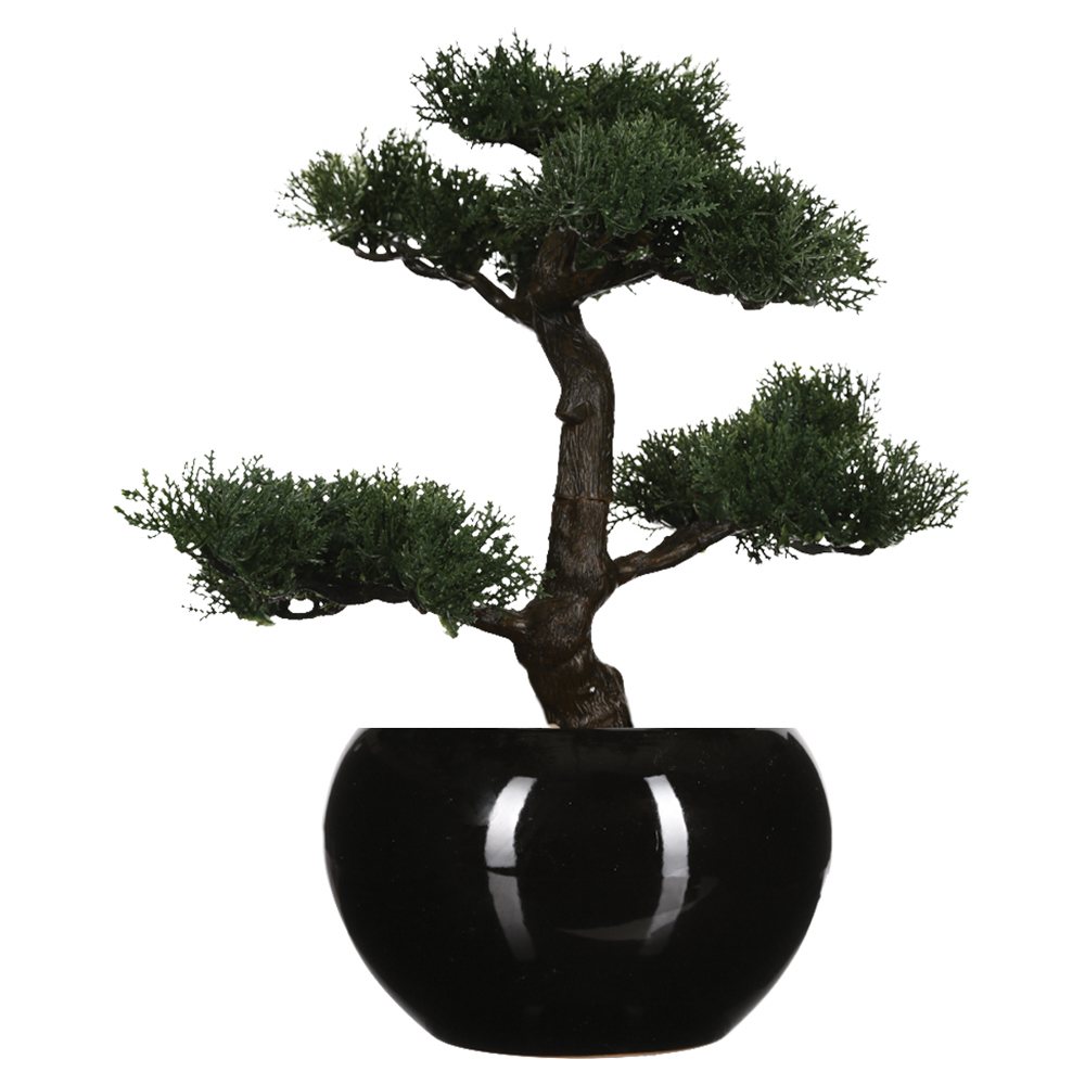 Planta bonsai artificial com vaso preto de cerâmica 36cm