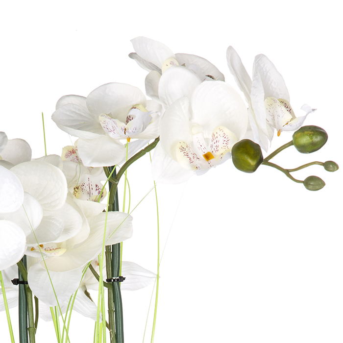 Vaso em cerâmica prateado com orquídea artificial