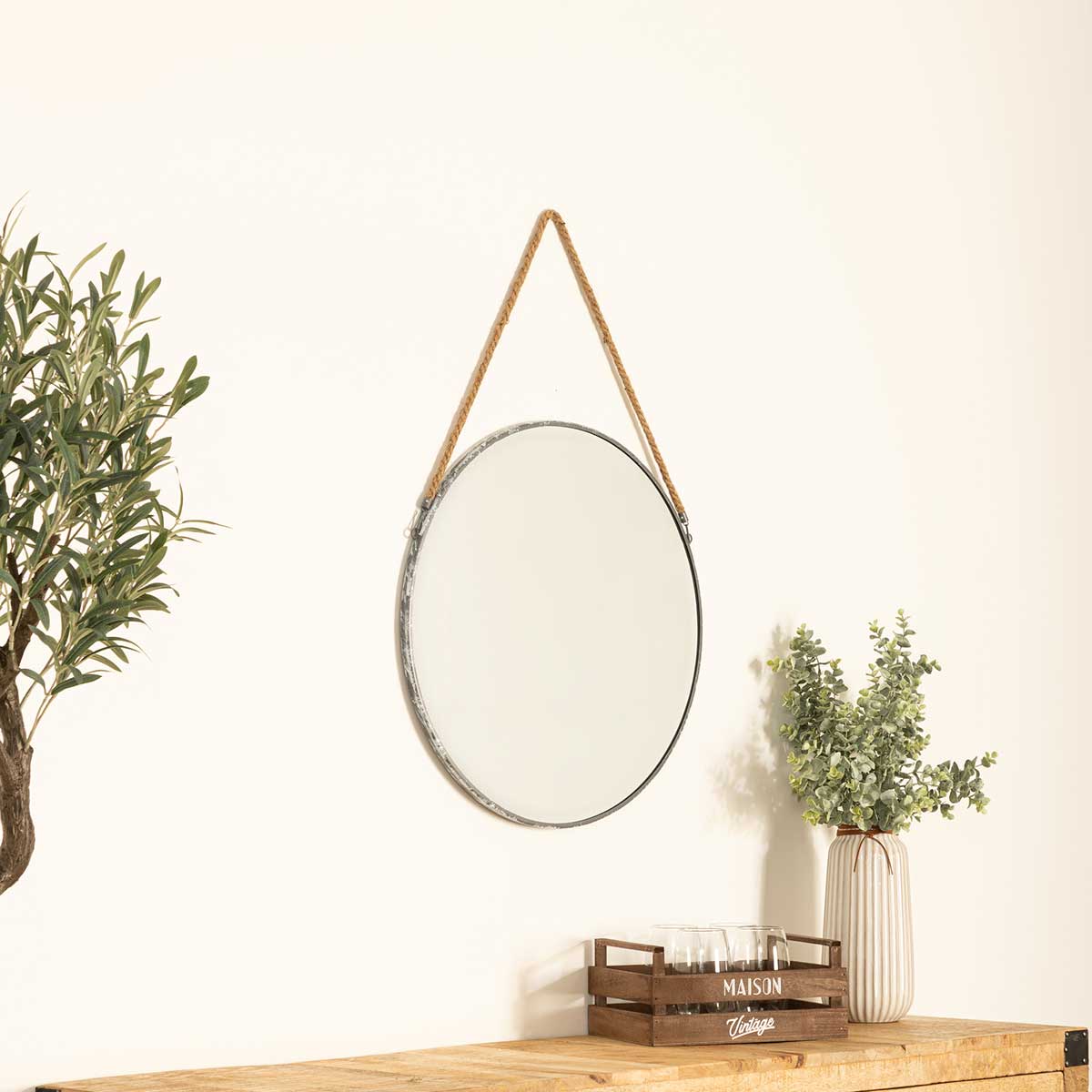 Espelho de parede cinza com corda 55cm