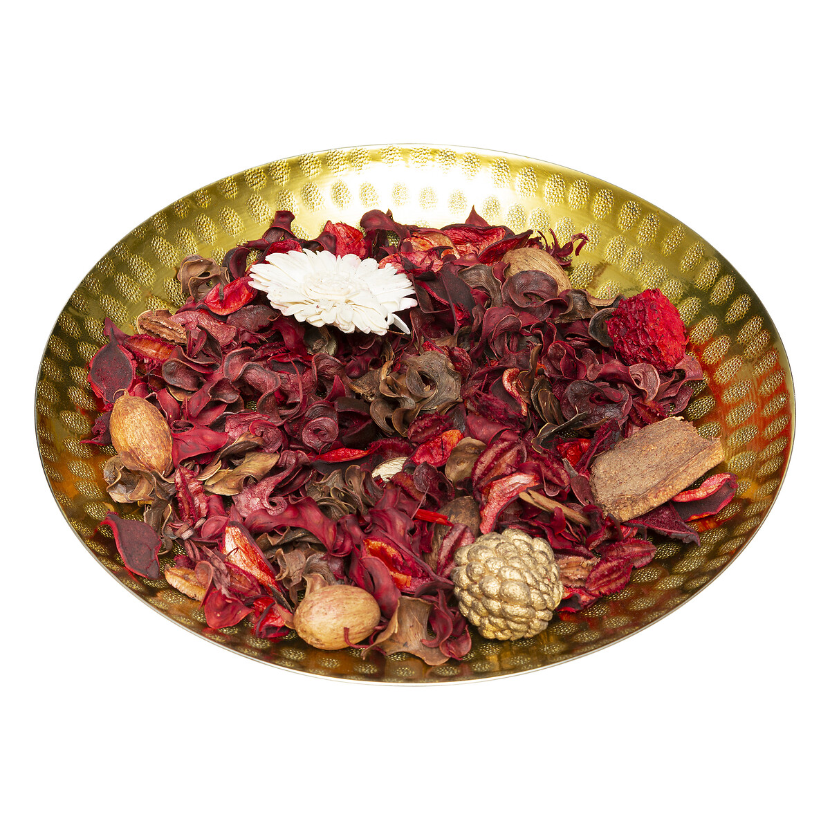 Pot-pourri frutos vermelhos com prato de metal dourado