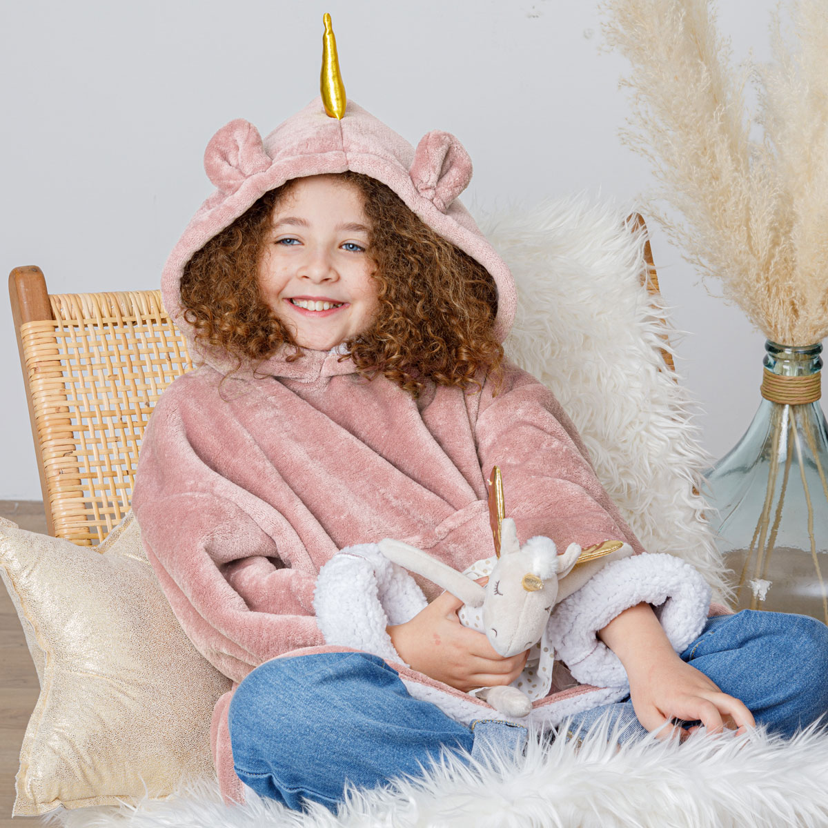 Manta camisola com capuz rosa 3-10 anos