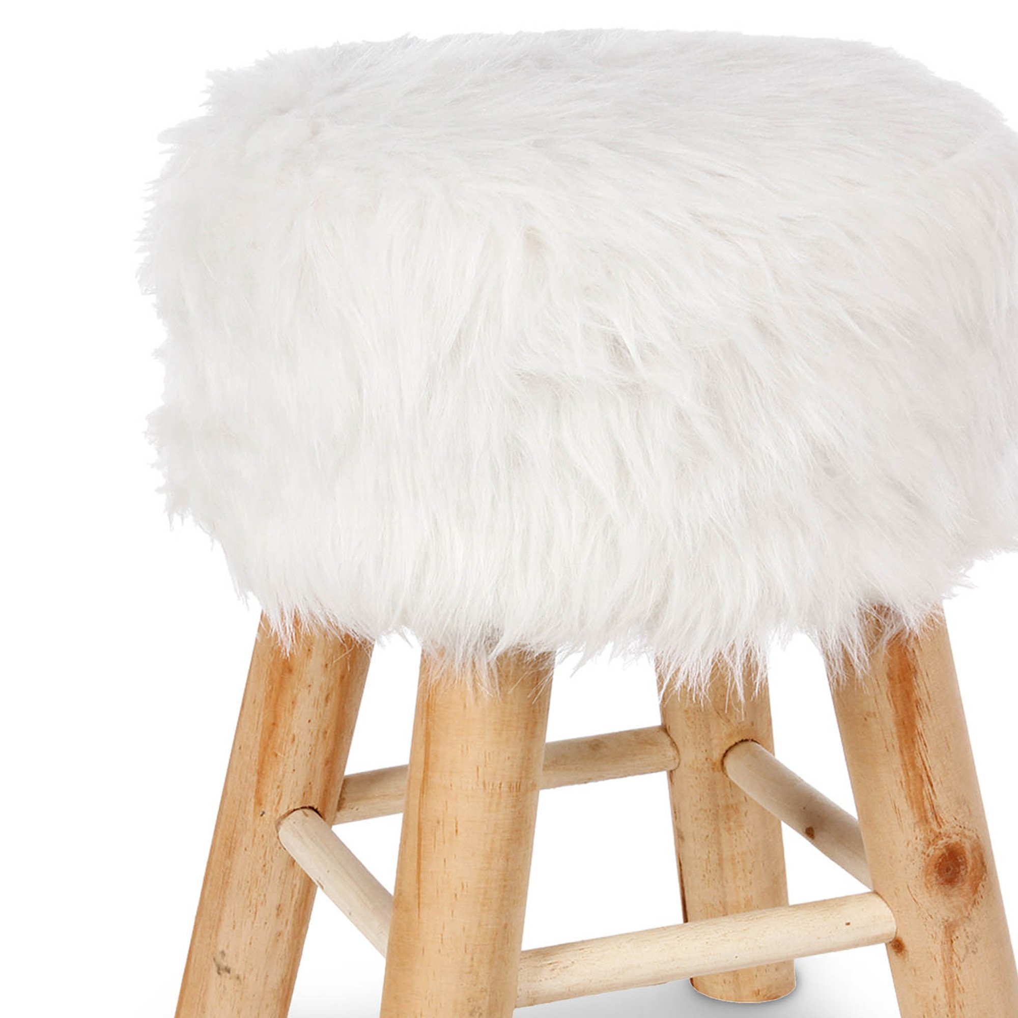 Tamborete com pelo branco e pernas em madeira