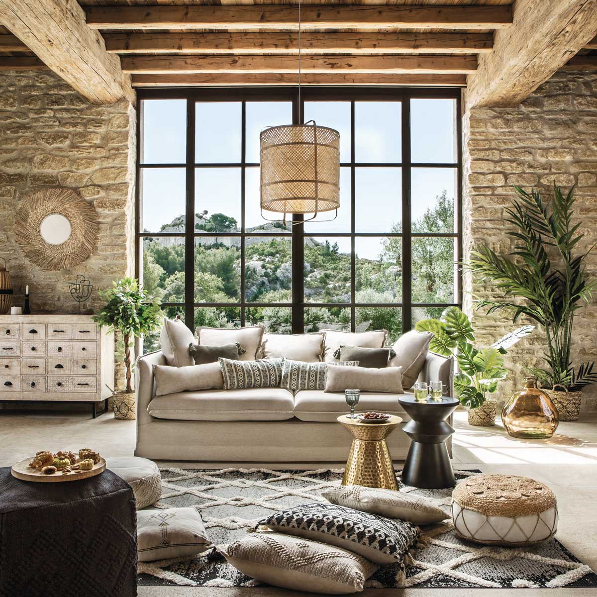 Espelho de parede redondo ael bege em r&aacute;fia 80cm