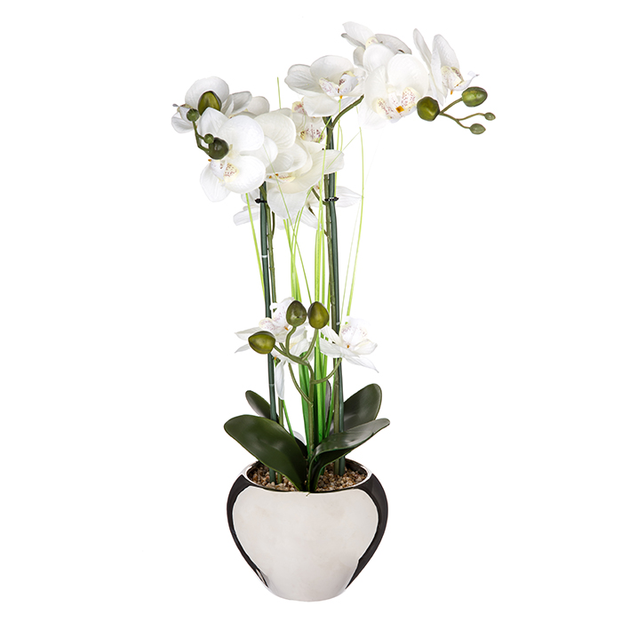 Vaso em cerâmica prateado com orquídea artificial