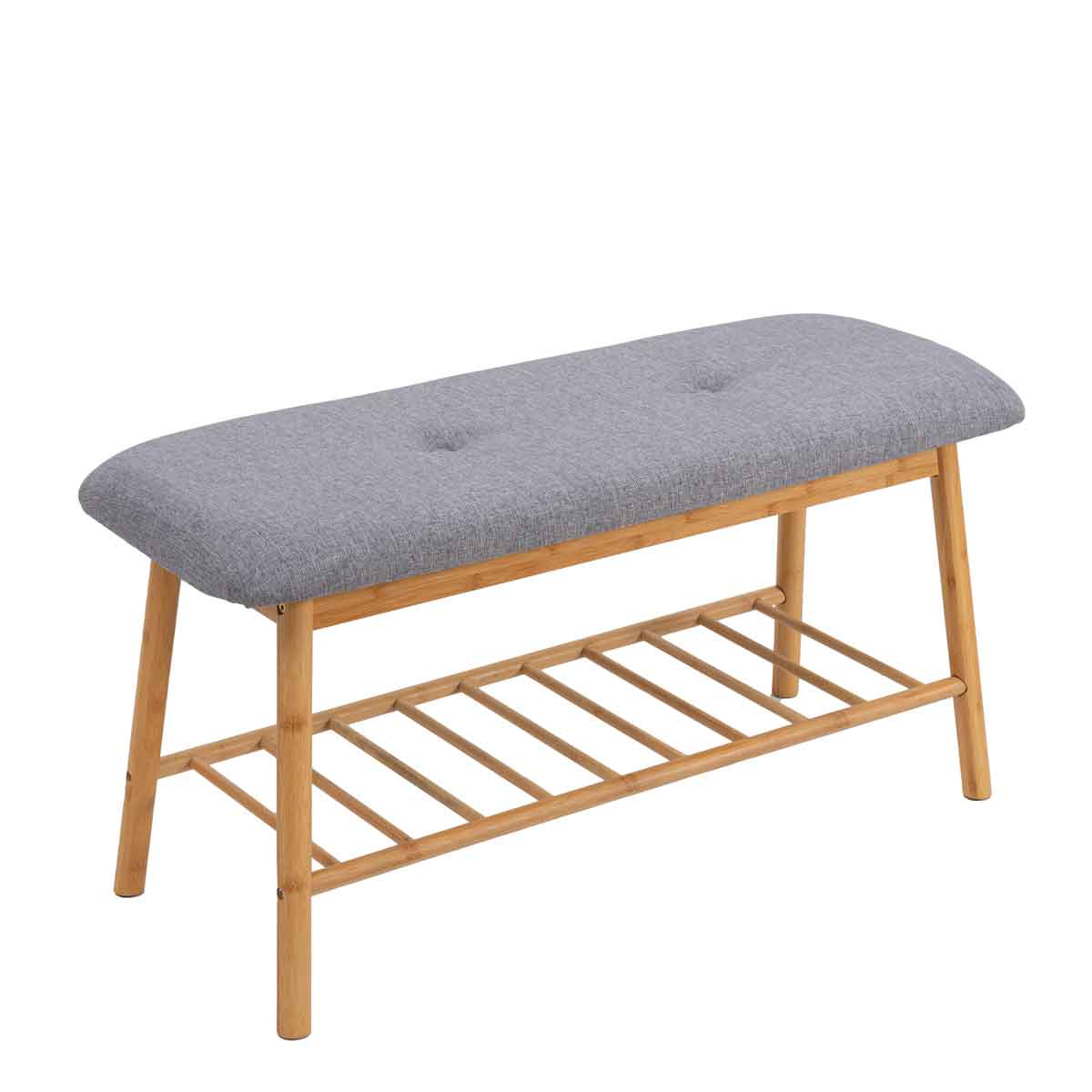 Banco cinza com estante em bambu