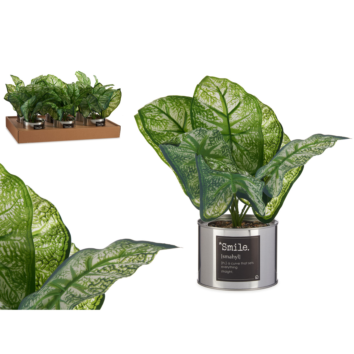 Planta artificial verde com vaso de metal