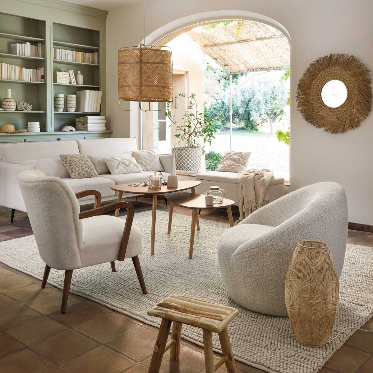 Espelho de parede redondo ael bege em r&aacute;fia 80cm