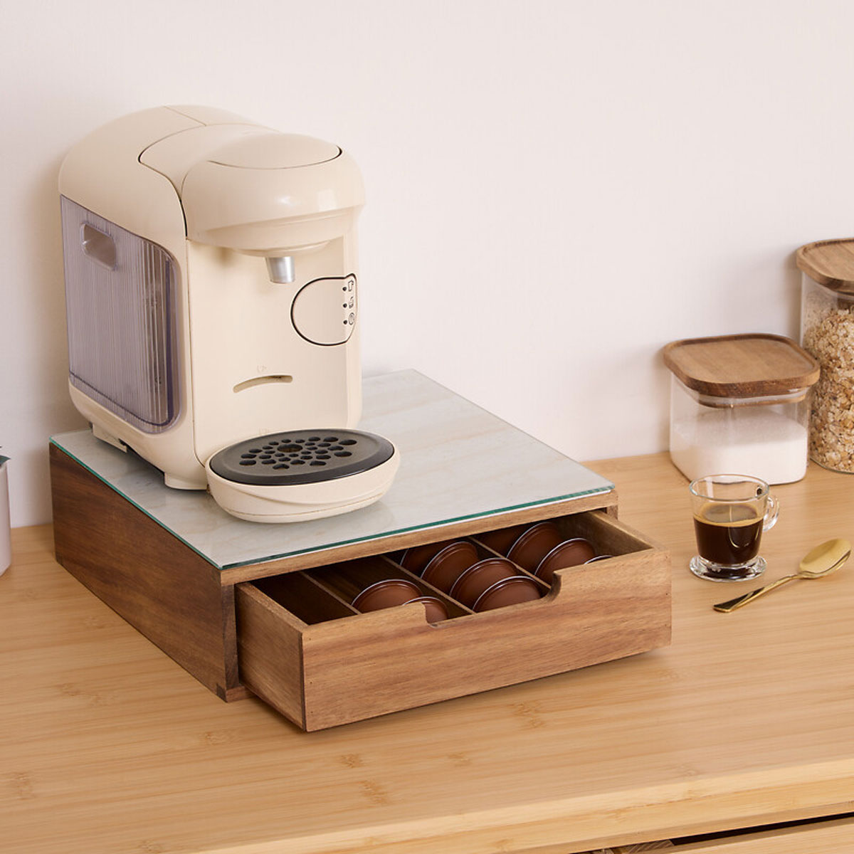 Caixa para c&aacute;psulas de caf&eacute; em madeira ac&aacute;cia